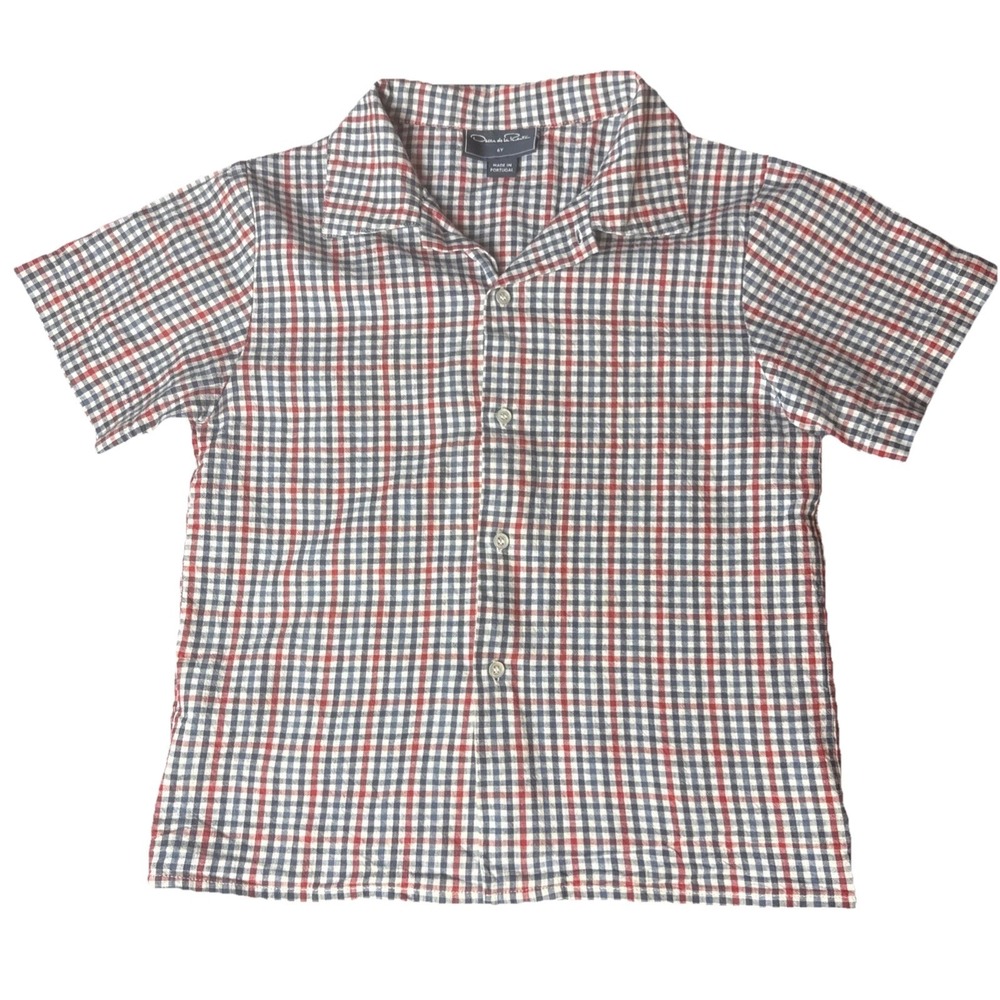Oscar de la Renta Boys 6Y Cotton Red White Blue Check Short Sleeve Buttoned Top